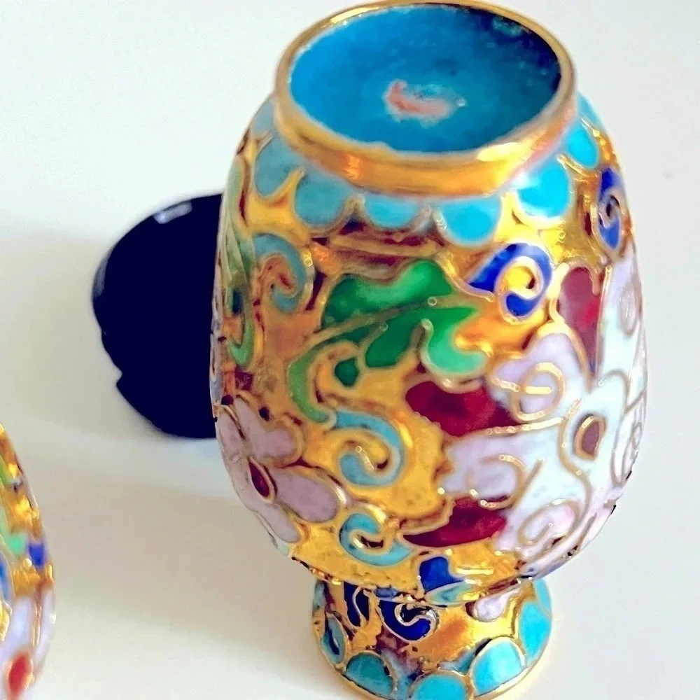 Vintage Cloisonne Style Mini Vases Bases Gold Tone Floral Decorative Collectible - Picture 8 of 11